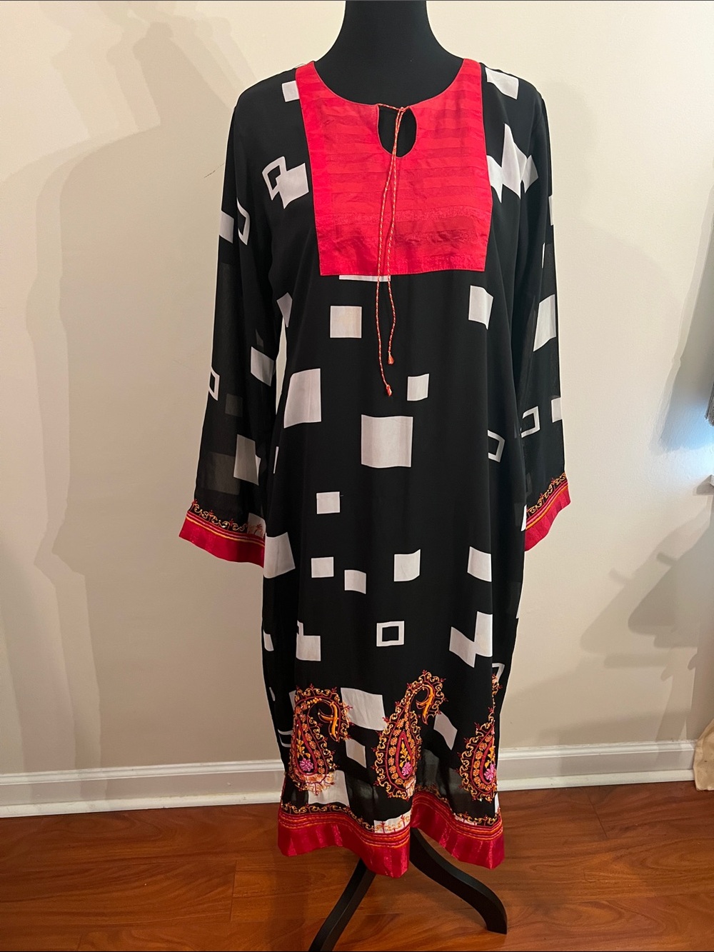Mashal Black & Red Long Sleeve Geometric Paisley Midi Dress